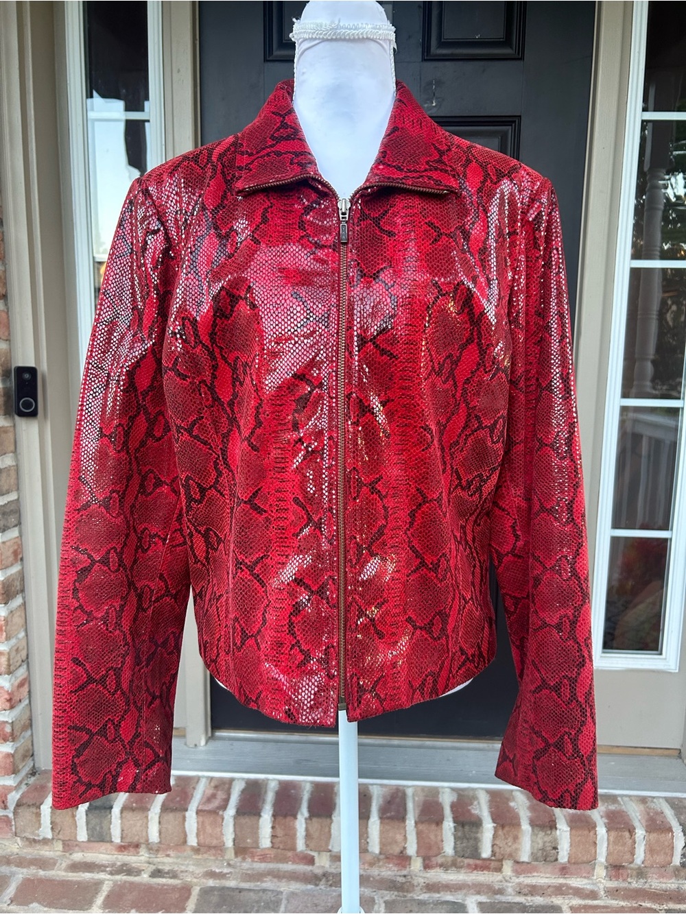 Vintage Y2K Red Snake Print Suede Leather Shiny Glossy Zip Front Jacket 14